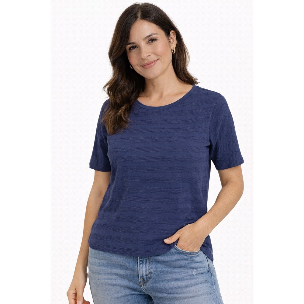 Charter Club Top Womens Medium Blue Textured Pima Cotton Short Sleeve Nautical